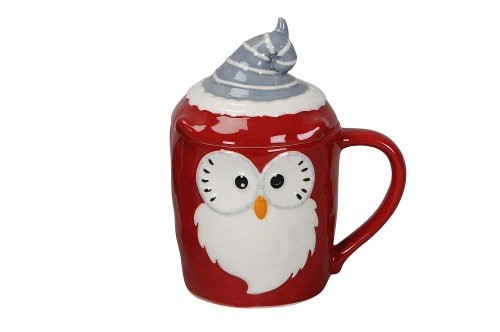 Cana cu capac Christmas Owl din ceramica 15 cm