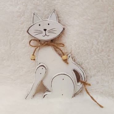 Decoratiune Pisica din lemn alb 12x18 cm