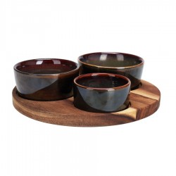 Set 3 boluri din ceramica si platou din lemn de acacia, verde, 20 cm