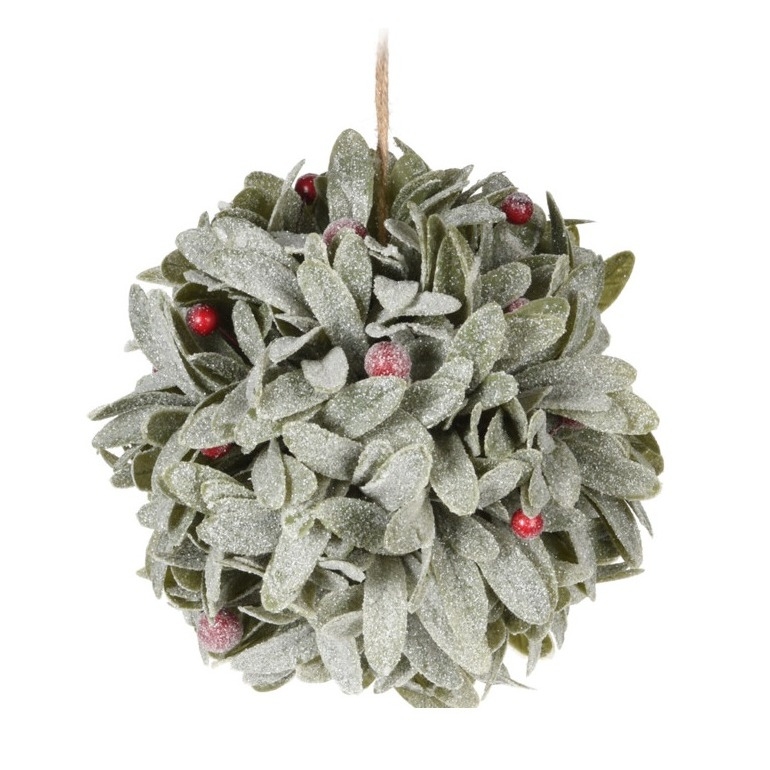 Vasc decorativ Frosty Mistletoe verde cu bobite rosii 17 cm